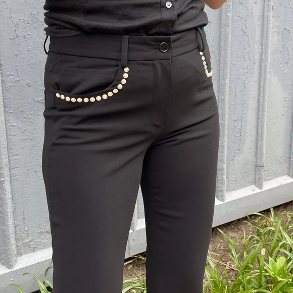 Moschino Black Slim Pants with Pearl Embellished Details, size 6 - Picture 4 of 13
